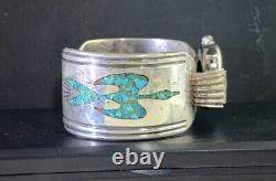 Early 60-70s sterling Turquoise $ Coral Chip Inlay Watchband Cuff