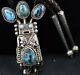 Early 70s Navajo Wrought Silver And Turquoise Yei Kachina Bolo Tie By Helen Long
