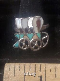 Early American Covered Wagon Sterling Size 10.5 Native Turquoise Ring 1 (Db10)