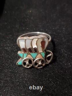 Early American Covered Wagon Sterling Size 10.5 Native Turquoise Ring 1 (Db10)