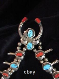 Early Amrerican Southwest Squash Blossum Silver/turquoise/coral Necklace