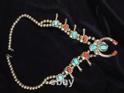 Early Amrerican Southwest Squash Blossum Silver/turquoise/coral Necklace