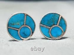 Early And Very Rare Vintage Zuni Turquoise Inlay Sterling Silver Earrings