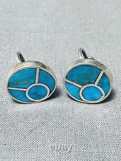 Early And Very Rare Vintage Zuni Turquoise Inlay Sterling Silver Earrings