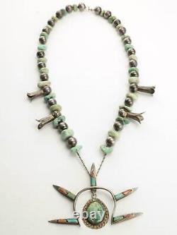 Early Antique Native American Treasure Beads Squash Blossom Necklace Turquoise