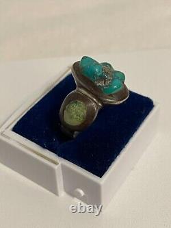 Early Antique Navajo Sterling Silver 3 Stone Turquoise Ring Size 8