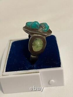 Early Antique Navajo Sterling Silver 3 Stone Turquoise Ring Size 8