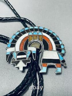 Early Authentic Vintage Zuni Turquoise Sterling Silver Inlay Bolo Tie