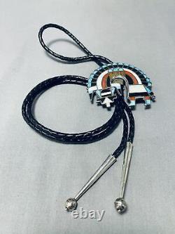 Early Authentic Vintage Zuni Turquoise Sterling Silver Inlay Bolo Tie