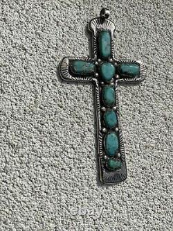 Early BIG Zuni Cross Signed Horace Iule Gem Turquoise Sterling Silver Old Pawn