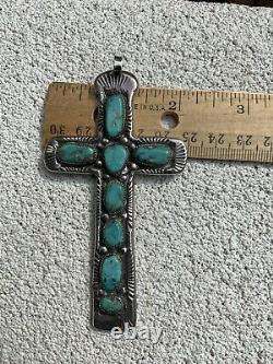Early BIG Zuni Cross Signed Horace Iule Gem Turquoise Sterling Silver Old Pawn