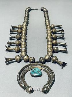 Early Big Bead Vintage Navajo Turquoise Sterling Silver Squash Blossom Necklace
