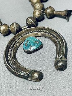 Early Big Bead Vintage Navajo Turquoise Sterling Silver Squash Blossom Necklace