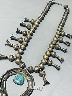 Early Big Bead Vintage Navajo Turquoise Sterling Silver Squash Blossom Necklace