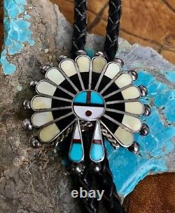 Early C-31 Native American Sterling Silver Zuni Inlaid Sunface Bolo V Unkestine