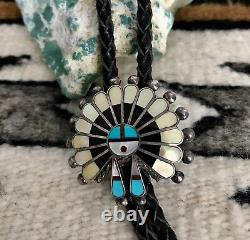 Early C-31 Native American Sterling Silver Zuni Inlaid Sunface Bolo V Unkestine