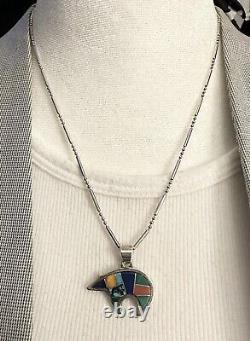 Early Calvin Begay Navajo 925 Silver Multi Stone Bear Pendant Necklace 18 In