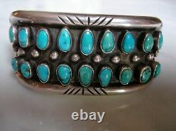 Early Century Navajo Pueblo Petit Point Blue Gem Turquoise Chiseled Bracelet