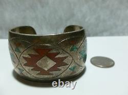 Early Charlie John Sterling Silver Turquosie & Coral Cuff Bracelet Navajo