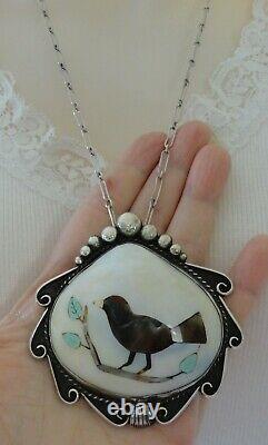 Early DENNIS RAMONE Inlaid Gemstone Bird Design Shell Sterling Pendant Necklace