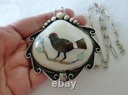 Early DENNIS RAMONE Inlaid Gemstone Bird Design Shell Sterling Pendant Necklace