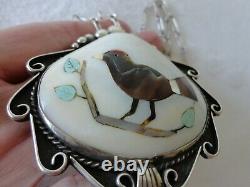 Early DENNIS RAMONE Inlaid Gemstone Bird Design Shell Sterling Pendant Necklace