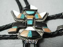 Early Detailed Vintage Navajo Turquoise Sterling Silver Kachina Bolo Tie