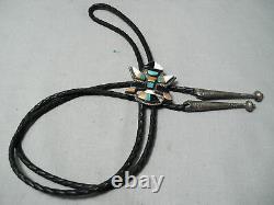 Early Detailed Vintage Navajo Turquoise Sterling Silver Kachina Bolo Tie