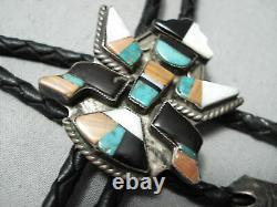 Early Detailed Vintage Navajo Turquoise Sterling Silver Kachina Bolo Tie