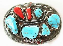 Early Effie C -Zuni Turquoise, Oxblood Coral Sterling Belt Buckle Effie Calavaza