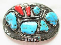 Early Effie C -Zuni Turquoise, Oxblood Coral Sterling Belt Buckle Effie Calavaza