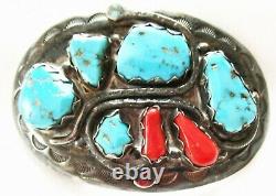 Early Effie C -Zuni Turquoise, Oxblood Coral Sterling Belt Buckle Effie Calavaza