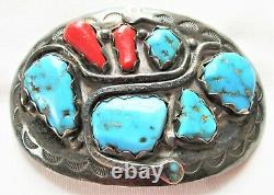 Early Effie C -Zuni Turquoise, Oxblood Coral Sterling Belt Buckle Effie Calavaza