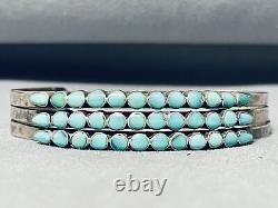 Early Eyes Of Turquoise Vintage Zuni Sterling Silver Row Bracelet Cuff