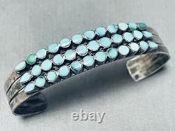 Early Eyes Of Turquoise Vintage Zuni Sterling Silver Row Bracelet Cuff