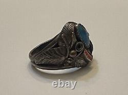 Early Fancy Old Pawn Navajo P R Sterling Silver Turquoise Red Coral Ring