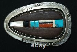 Early Fidel Bahe Navajo Sterling Silver Multi Stone Inlay Belt Buckle 64 Grams