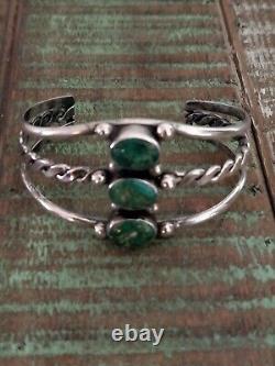 Early Fred Harvey Era 1920's 3 Stone Turquoise Sterling Twisted Cuff Bracelet