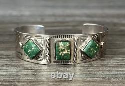 Early Fred Harvey Era Hand Made/stamped Green Turquoise silver Bracelet 31.9gr