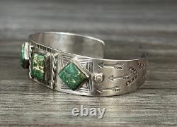 Early Fred Harvey Era Hand Made/stamped Green Turquoise silver Bracelet 31.9gr