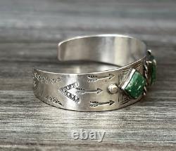 Early Fred Harvey Era Hand Made/stamped Green Turquoise silver Bracelet 31.9gr