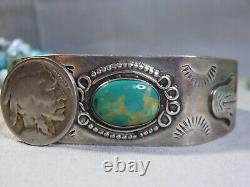 Early Fred Harvey Era NAVAJO FOX Mine TURQUOISE STERLING Cactus Flower Bracelet