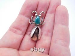 Early Fred Harvey Era Native American Indian Sterling Silver Turquoise Bug Pin