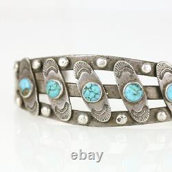 Early Fred Harvey Era Navajo Coin Silver & Turquoise Snake Eye Cuff Bracelet