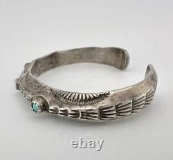 Early Fred Harvey Era Navajo Sterling Silver Turquoise Carinated Cuff Bracelet