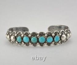 Early Fred Harvey Era Navajo Sterling Silver Turquoise Stamped Cuff Bracelet