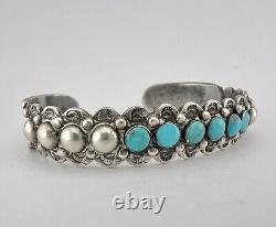 Early Fred Harvey Era Navajo Sterling Silver Turquoise Stamped Cuff Bracelet