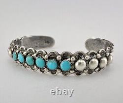 Early Fred Harvey Era Navajo Sterling Silver Turquoise Stamped Cuff Bracelet