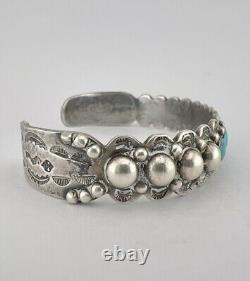 Early Fred Harvey Era Navajo Sterling Silver Turquoise Stamped Cuff Bracelet