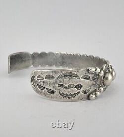 Early Fred Harvey Era Navajo Sterling Silver Turquoise Stamped Cuff Bracelet